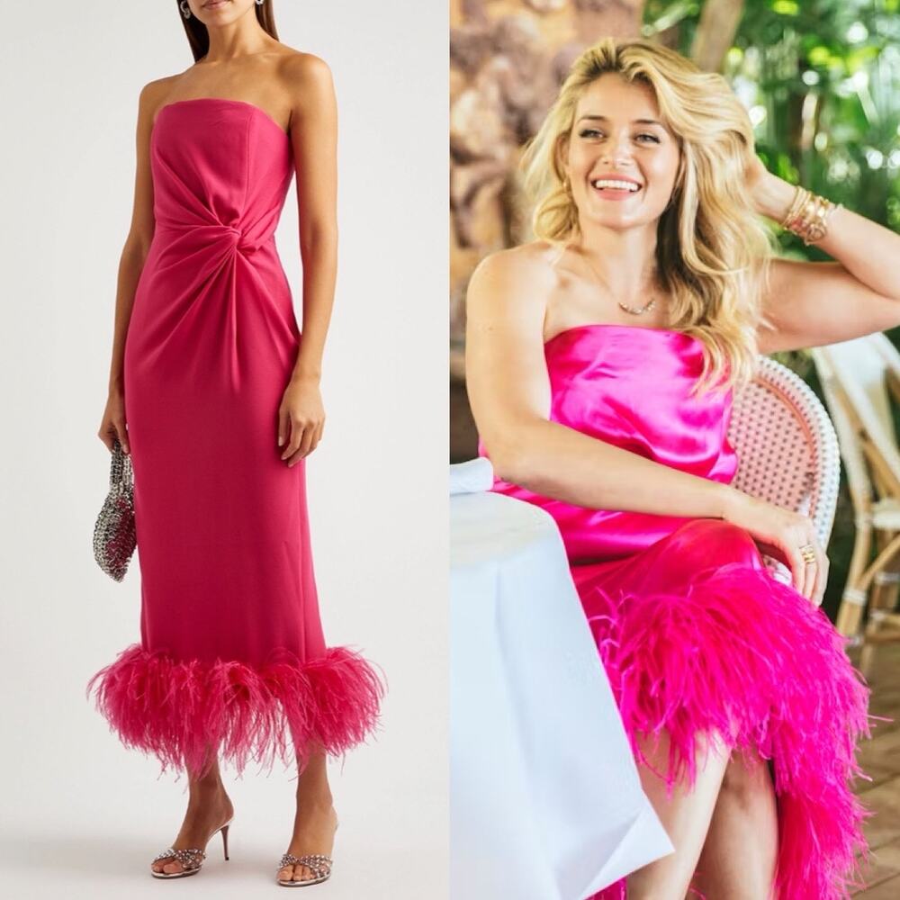 16Arlington Himawari Dress Strapless Feather Trimmed Knot Satin Pink Midi Size 2